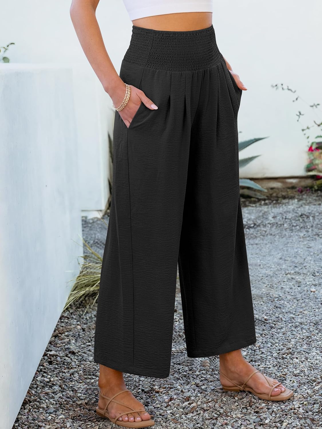 ANRABESS Womens Pants Wide Leg High Waisted Palazzo Pants Summer Flowy Beach Lounge Casual Trousers with Pockets