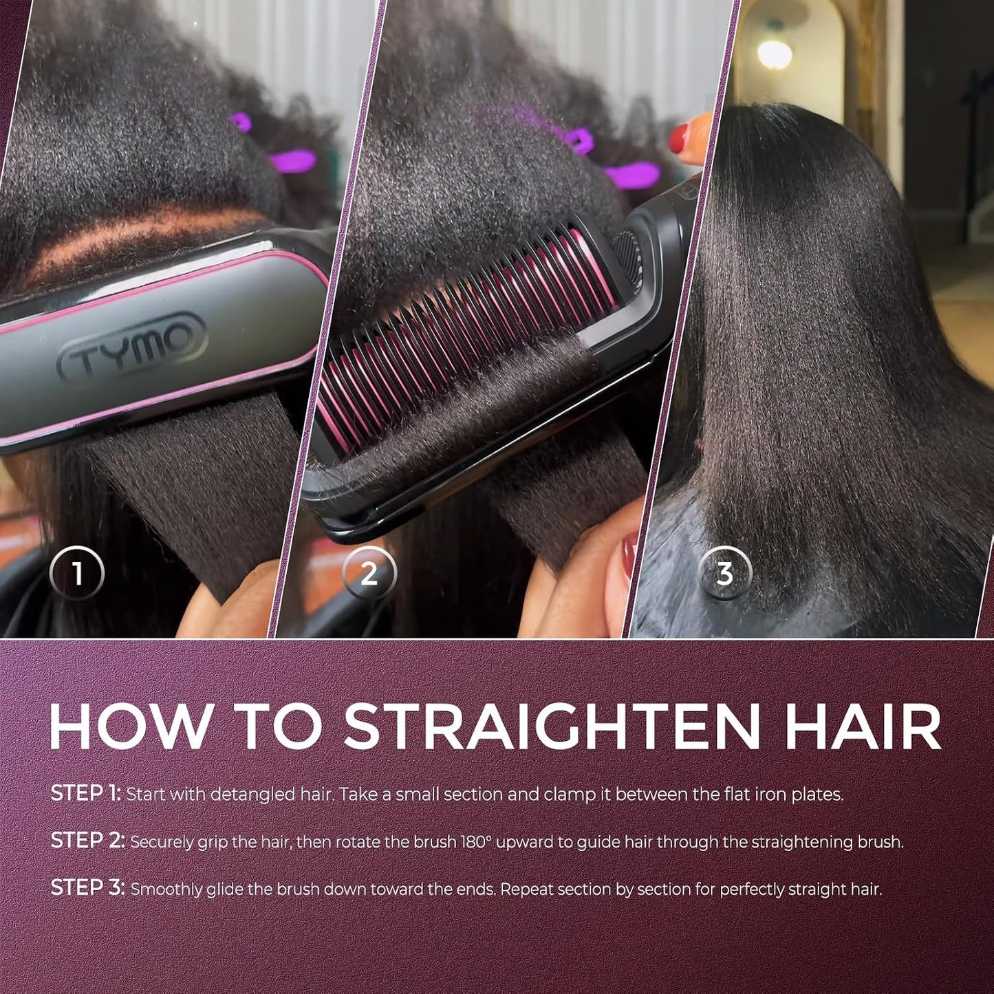 TYMO Flat Iron Hair Straightener Brush 2 in 1, 200M Ions Hair Straighteners for Women, Ceramic Straightening Hot Comb for Anti-Frizz Straights, Waves, Curl, 3X Less Heat Damage, Dual Voltage, Black