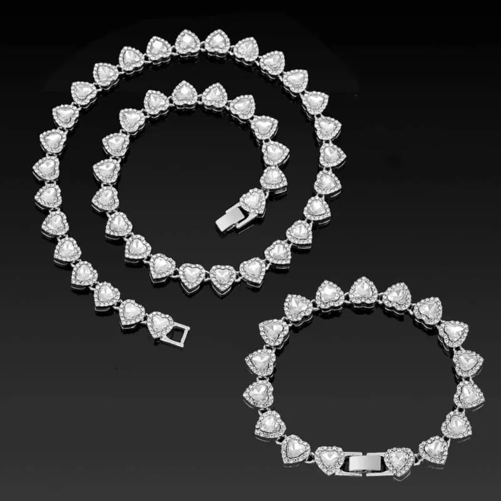 AUGHAD 2pcs Set Heart Shaped Cuban Chain Necklace Set for &,Hip Hop Style Choker Set,Luxurious Jewelry Set for Birthday,Everyday & Party Wear, for Teenager