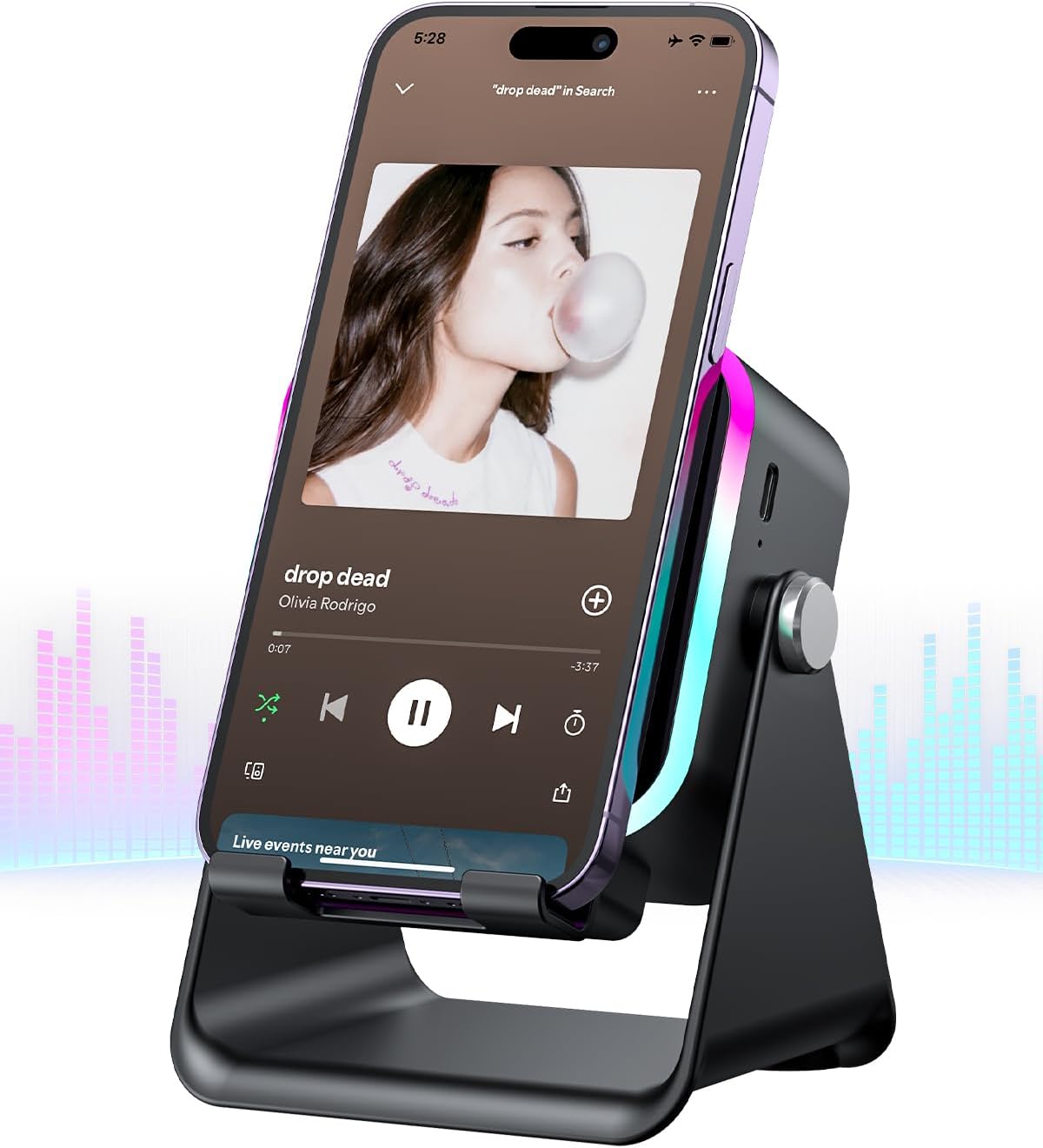 Induction Speaker 5-in-1 Bluetooth Audio for iPhone Android with Phone Stand, Adjustable Desktop Phone Holder with Charger & RGB Light, Cool Tech Gadgets Gifts for Men Women Teens