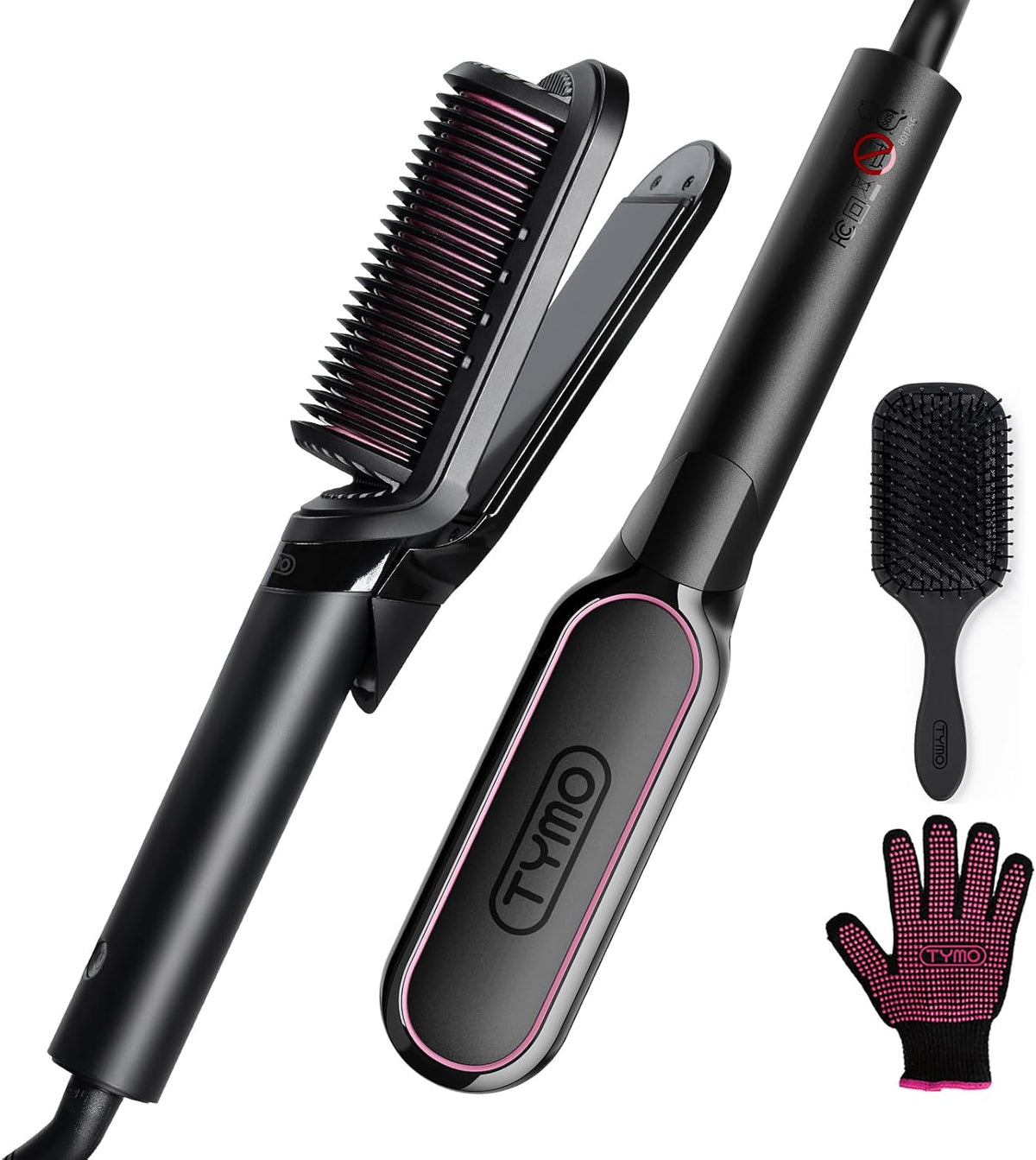 TYMO Flat Iron Hair Straightener Brush 2 in 1, 200M Ions Hair Straighteners for Women, Ceramic Straightening Hot Comb for Anti-Frizz Straights, Waves, Curl, 3X Less Heat Damage, Dual Voltage, Black