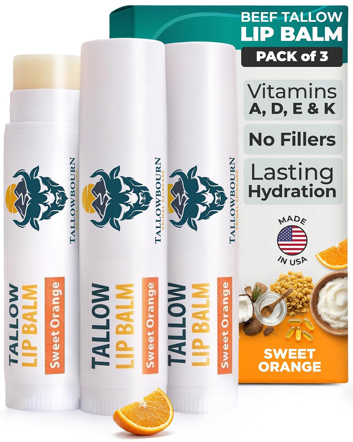 Moisturizing Tallow Lip Balm – Grass-Fed Beef Tallow with Organic Coconut Oil, Beeswax, and Vitamin E – Sweet Orange – Lip Balm Set – Travel Essential – 3-Pack