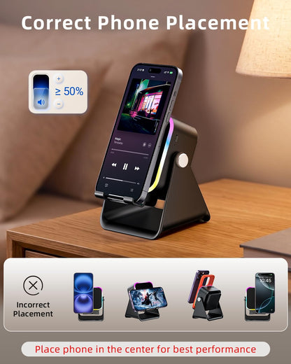 Induction Speaker 5-in-1 Bluetooth Audio for iPhone Android with Phone Stand, Adjustable Desktop Phone Holder with Charger & RGB Light, Cool Tech Gadgets Gifts for Men Women Teens