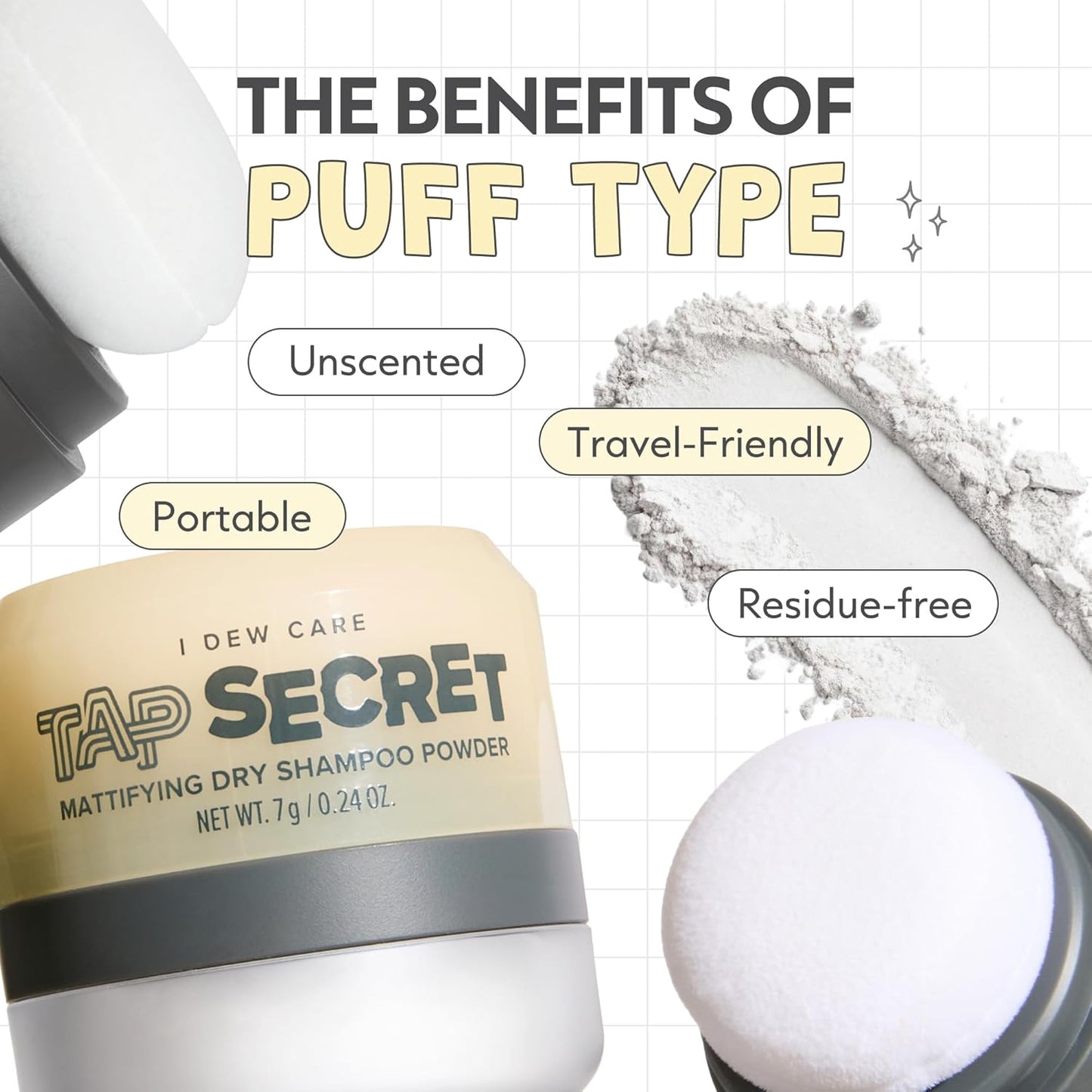 I DEW CARE Tap Secret Dry Shampoo Powder with Biotin - Tap Secret Original | Strengthening & Volumizing, Refillable, Travel size, Non-aerosol, Brunette, Korean Ginseng, Stocking Stuffers, 0.24 Oz