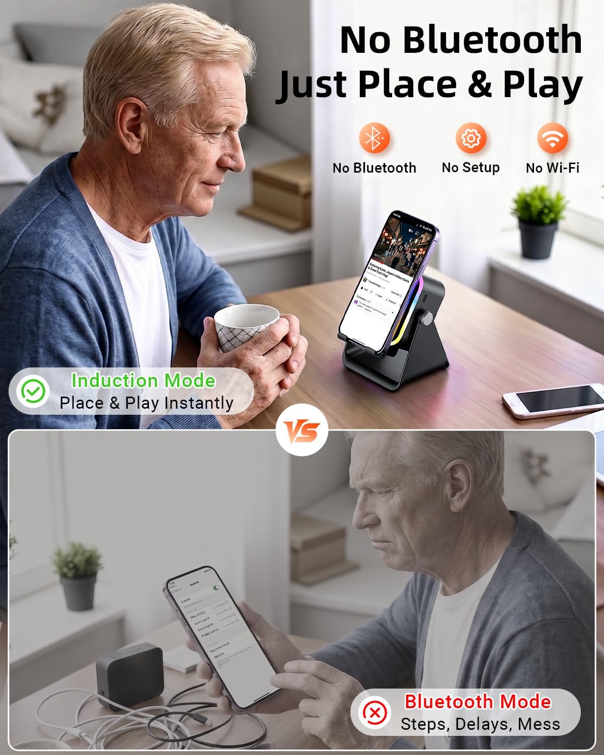 Induction Speaker 5-in-1 Bluetooth Audio for iPhone Android with Phone Stand, Adjustable Desktop Phone Holder with Charger & RGB Light, Cool Tech Gadgets Gifts for Men Women Teens
