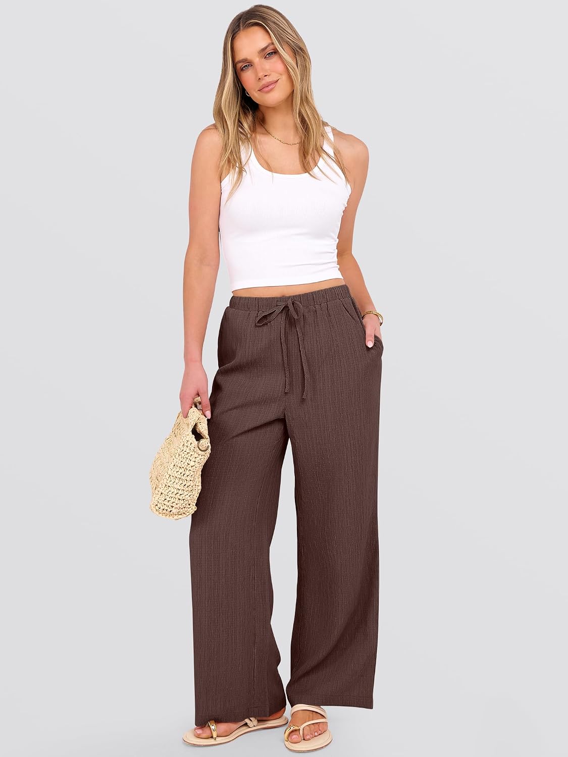 ANRABESS Women's Wide Leg Beach Pants Elastic Waist Lightweight Casual Flowy Palazzo Lounge Trousers with Pockets