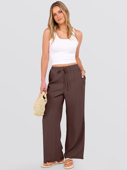 ANRABESS Women's Wide Leg Beach Pants Elastic Waist Lightweight Casual Flowy Palazzo Lounge Trousers with Pockets