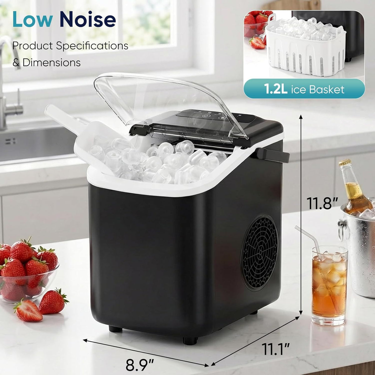 DUMOS Ice Maker Countertop, Ice Machine with Portable Handle, Basket and Scoop, 26lbs Daily, 9 Bullet Cubes in 6-8 Mins, Auto-Cleaning for Home, Kitchen, Office, Outdoors, RV Camping