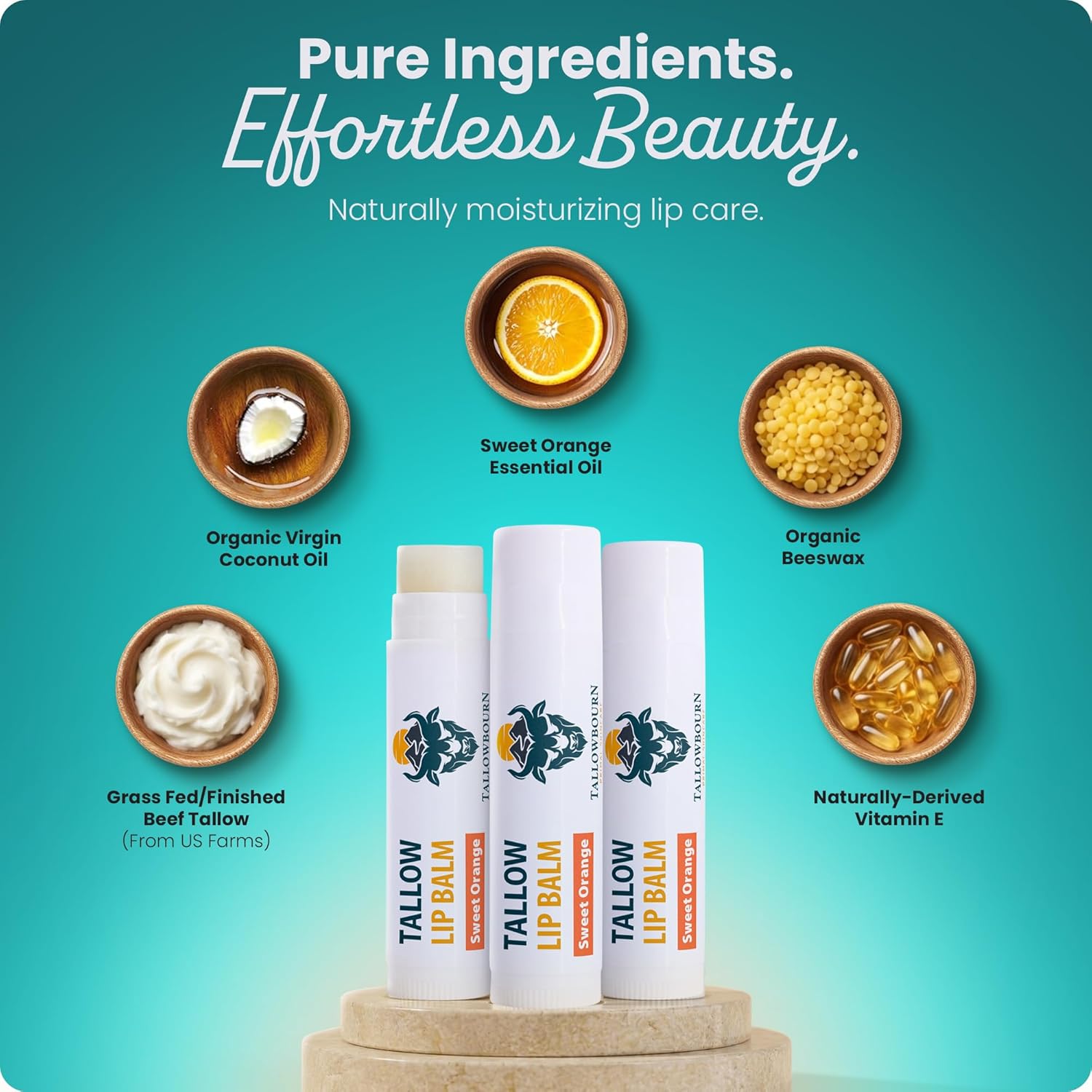 Moisturizing Tallow Lip Balm – Grass-Fed Beef Tallow with Organic Coconut Oil, Beeswax, and Vitamin E – Sweet Orange – Lip Balm Set – Travel Essential – 3-Pack