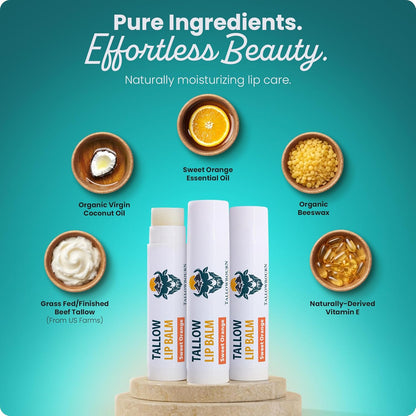 Moisturizing Tallow Lip Balm – Grass-Fed Beef Tallow with Organic Coconut Oil, Beeswax, and Vitamin E – Sweet Orange – Lip Balm Set – Travel Essential – 3-Pack