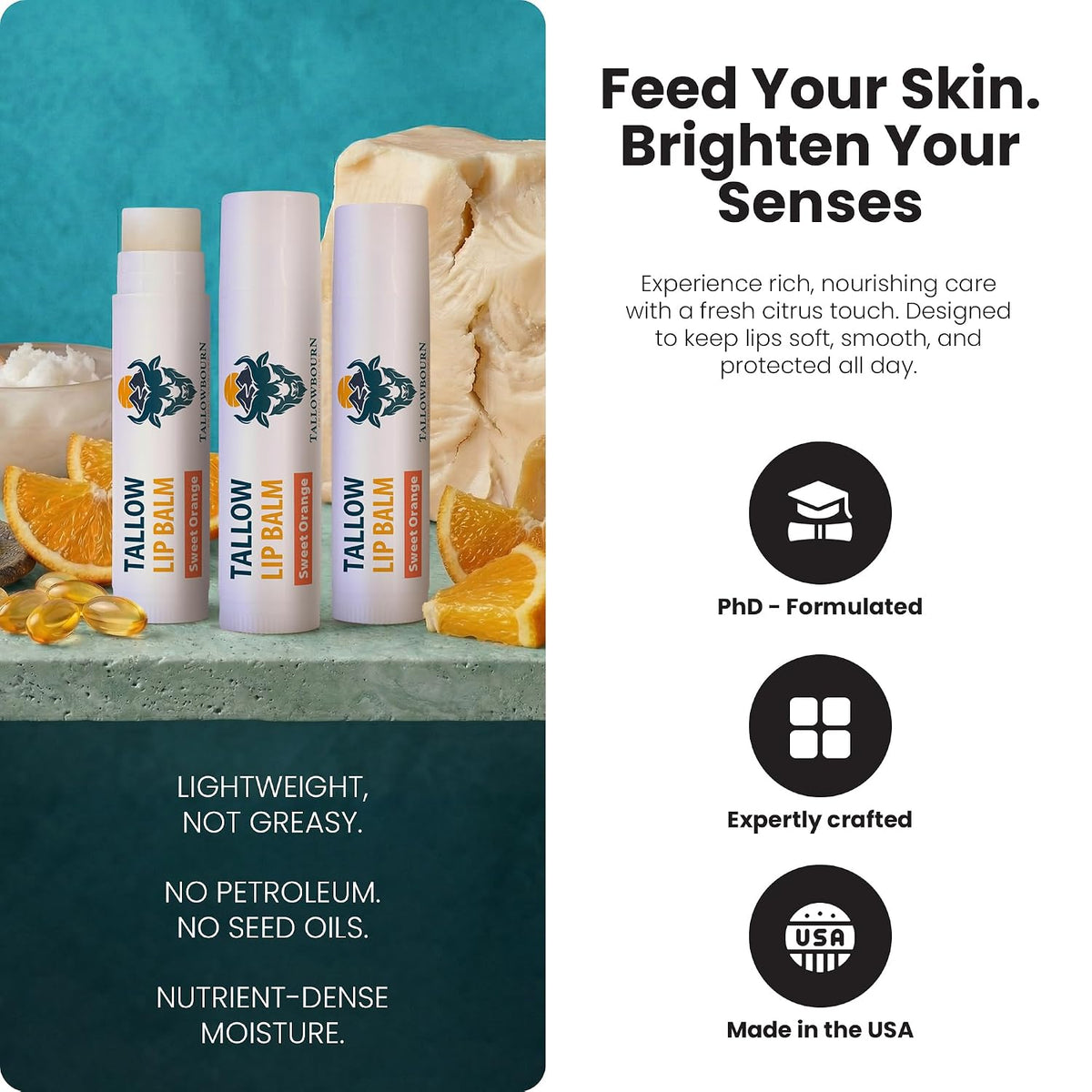 Moisturizing Tallow Lip Balm – Grass-Fed Beef Tallow with Organic Coconut Oil, Beeswax, and Vitamin E – Sweet Orange – Lip Balm Set – Travel Essential – 3-Pack