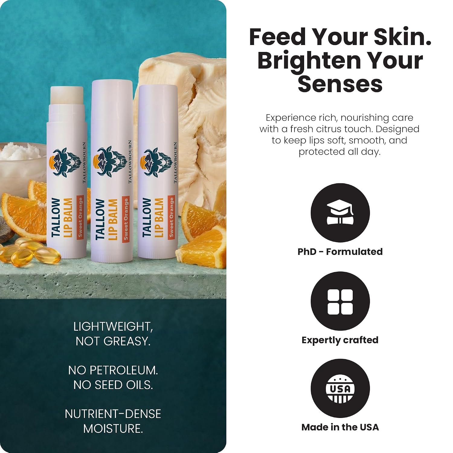 Moisturizing Tallow Lip Balm – Grass-Fed Beef Tallow with Organic Coconut Oil, Beeswax, and Vitamin E – Sweet Orange – Lip Balm Set – Travel Essential – 3-Pack