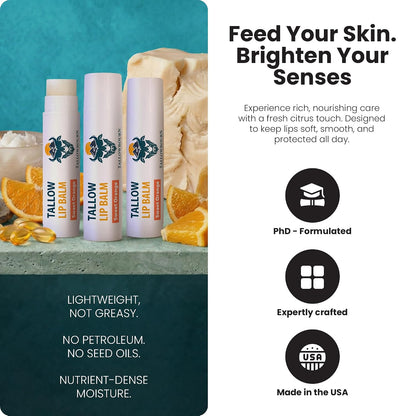 Moisturizing Tallow Lip Balm – Grass-Fed Beef Tallow with Organic Coconut Oil, Beeswax, and Vitamin E – Sweet Orange – Lip Balm Set – Travel Essential – 3-Pack