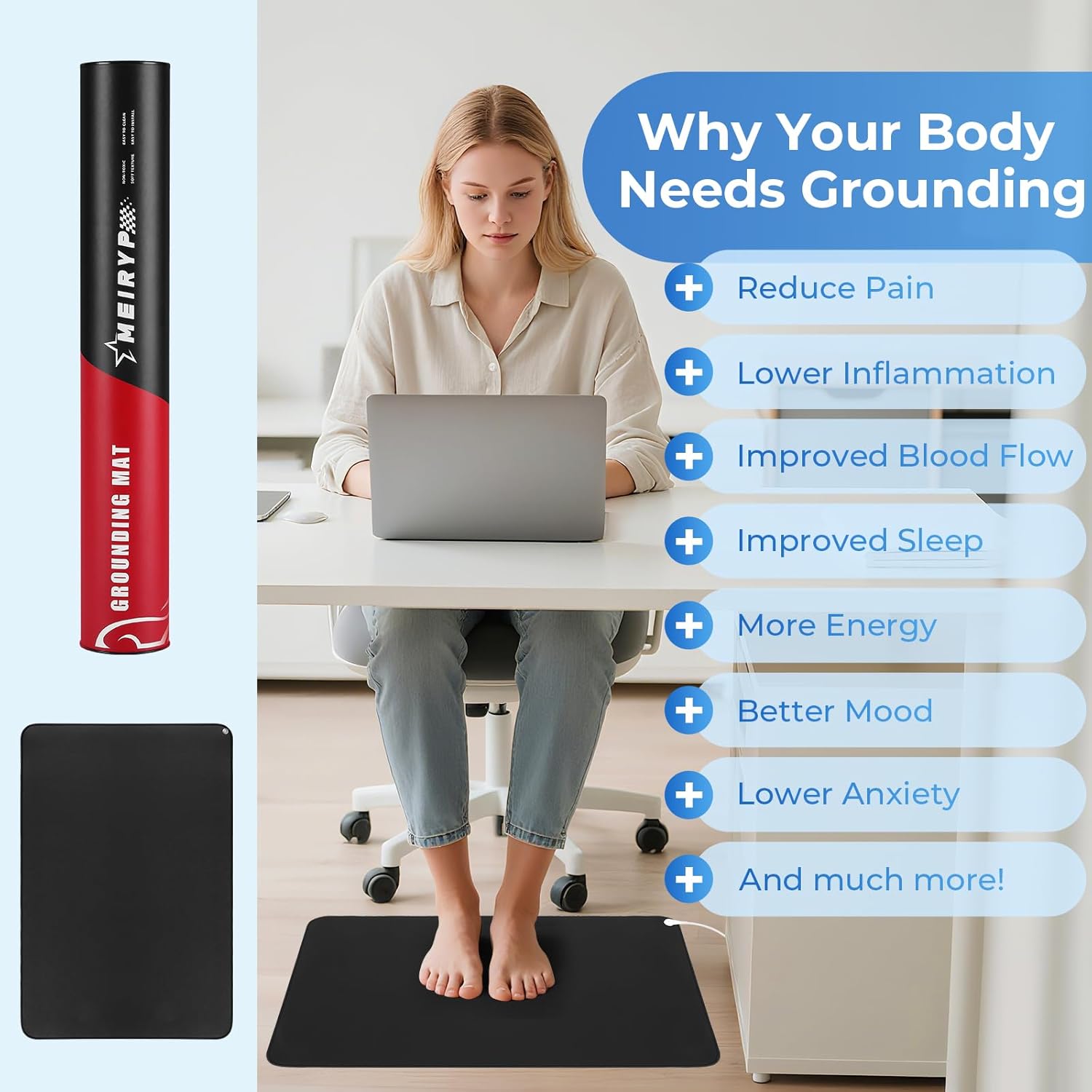 Professional Grounding Mat with Carbon Fiber Technology | 24"x16" Indoor Earthing Pad + 15ft Medical-Grade Cord | Cellular Energy Renewal & Inflammation Support