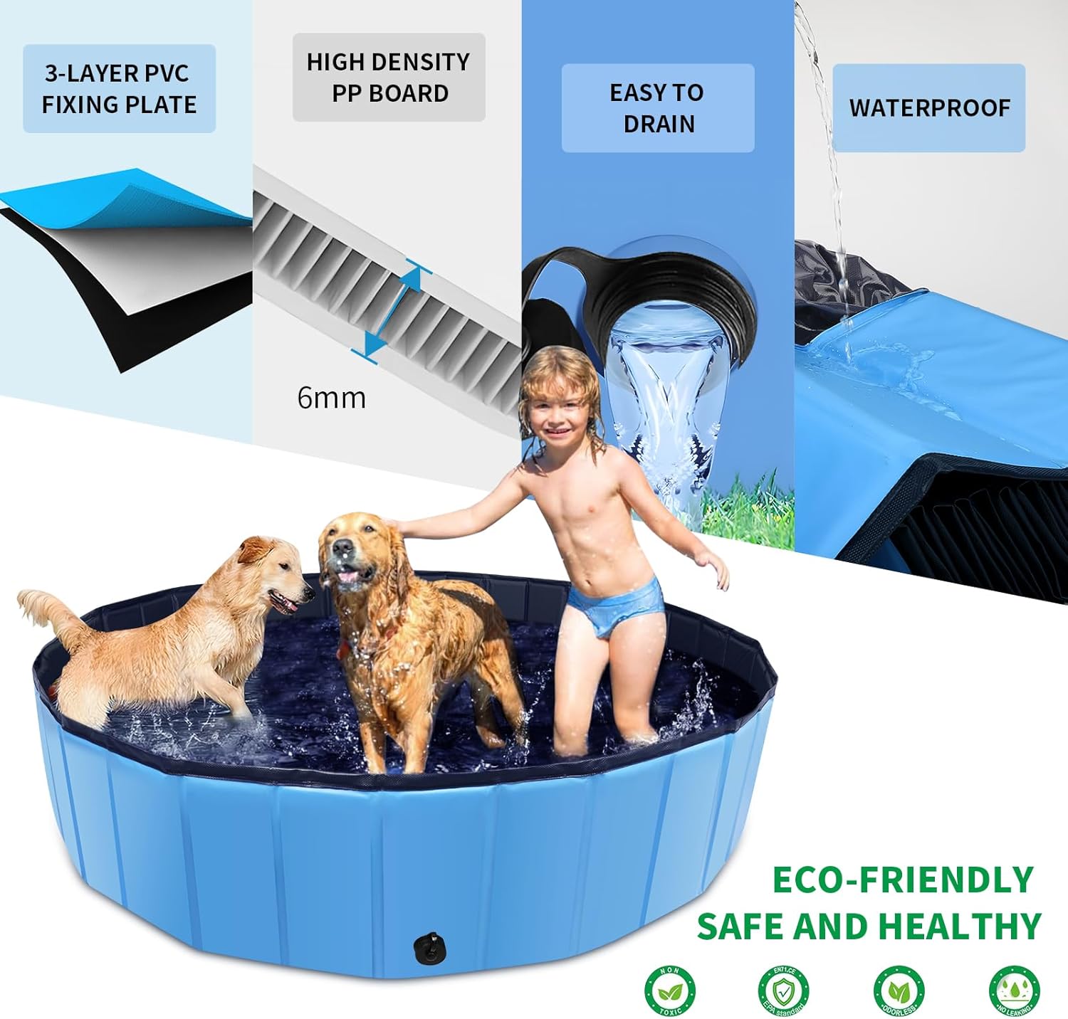 CACSPS Foldable Dog Pool, 63" x 12" Kiddie Pool with Hard Plastic, Non-Slip Dog Bath Tub for Outdoor Backyard, Collapsible Dog Swimming Pool for Kids Dogs Pets (Blue)