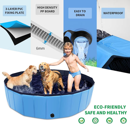 CACSPS Foldable Dog Pool, 63" x 12" Kiddie Pool with Hard Plastic, Non-Slip Dog Bath Tub for Outdoor Backyard, Collapsible Dog Swimming Pool for Kids Dogs Pets (Blue)