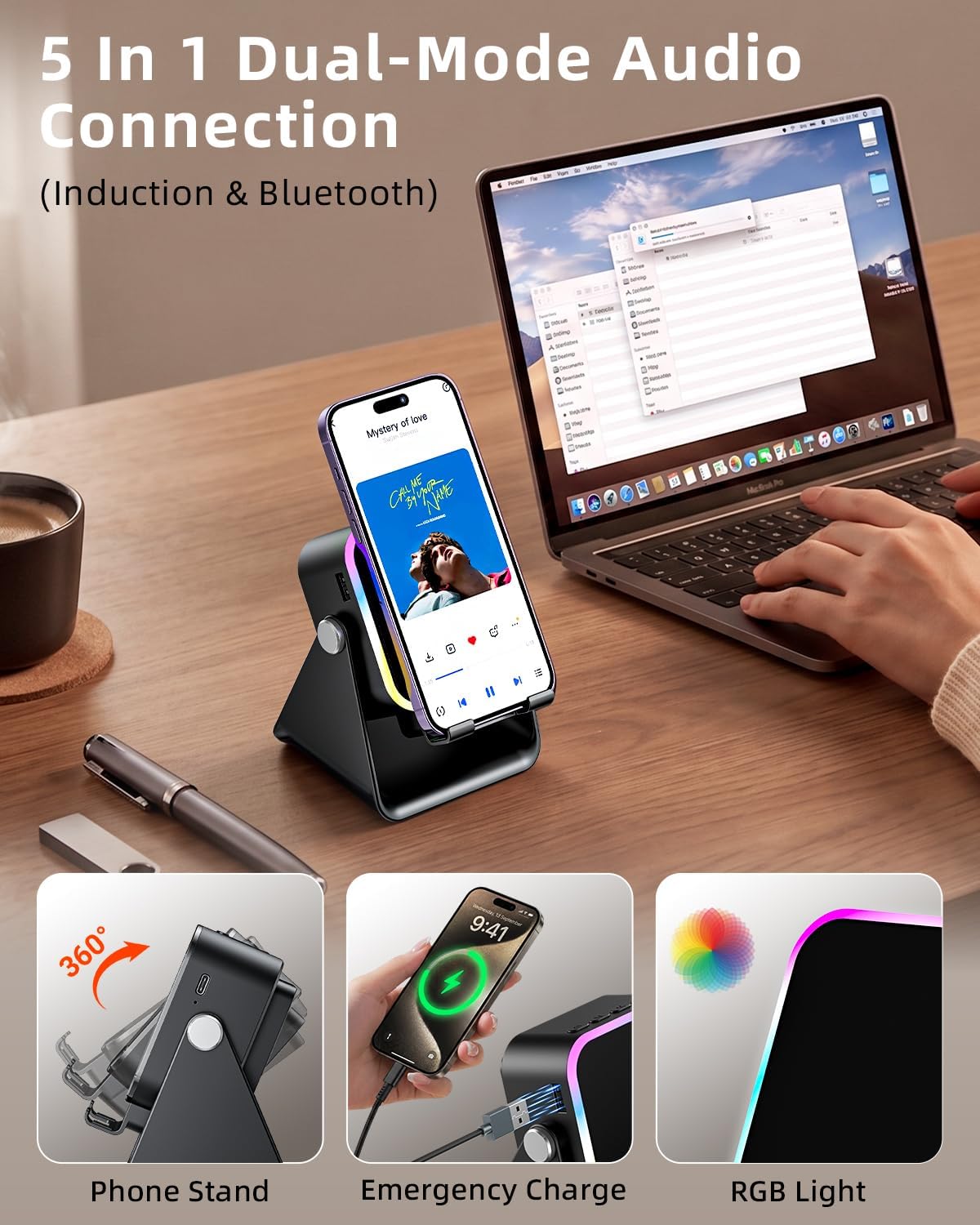 Induction Speaker 5-in-1 Bluetooth Audio for iPhone Android with Phone Stand, Adjustable Desktop Phone Holder with Charger & RGB Light, Cool Tech Gadgets Gifts for Men Women Teens