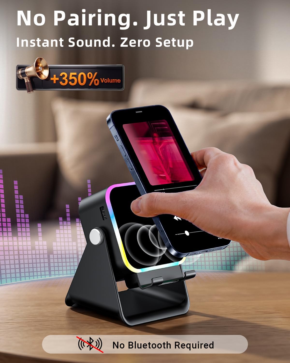 Induction Speaker 5-in-1 Bluetooth Audio for iPhone Android with Phone Stand, Adjustable Desktop Phone Holder with Charger & RGB Light, Cool Tech Gadgets Gifts for Men Women Teens