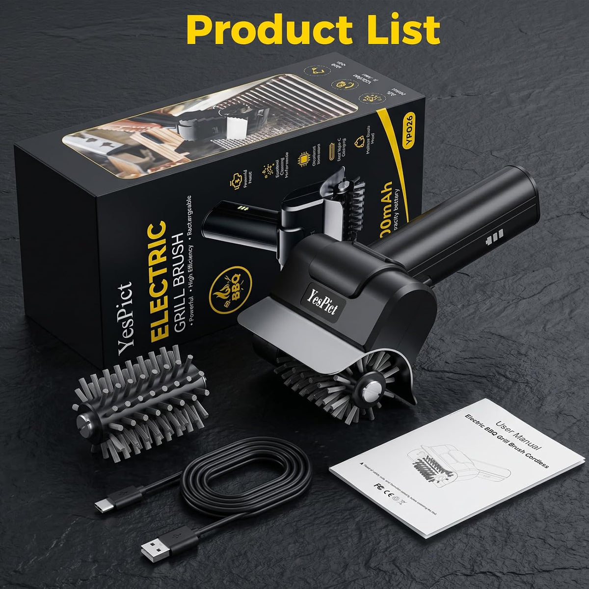 Electric Grill Brush, Cordless Rechargeable Grill Cleaning Brush 1500RPM, Max 180-Min Runtime, Electric Grill Cleaner for Outdoor Stainless Steel Cast Iron Grates, BBQ Gift for Men Father Husband