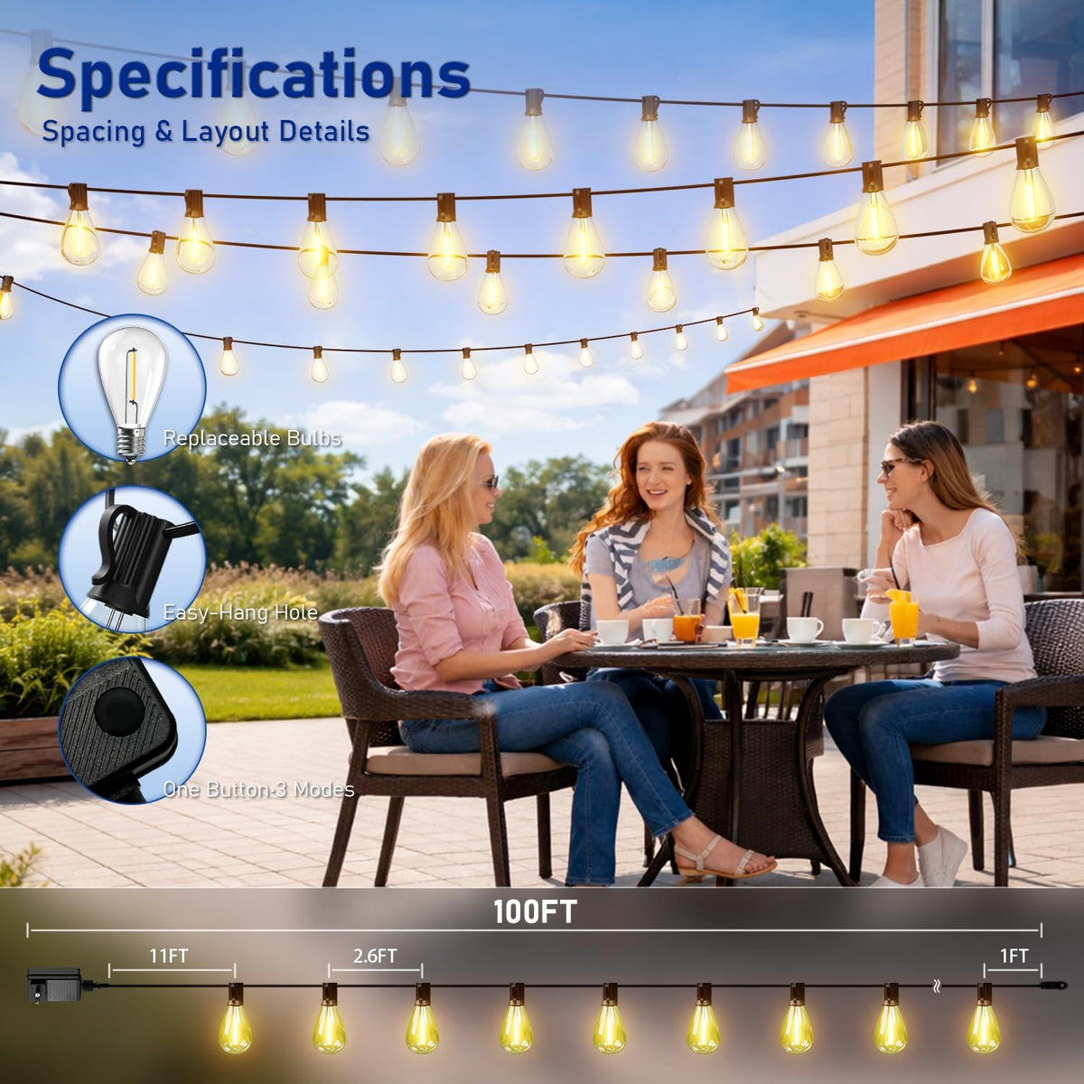 100FT LED Outdoor String Lights with Remote, One Continuous Strand Patio Lights with 35+1 Shatterproof S11 Bulbs, Dimmable 2700K Warm White, Timer & 3 Modes, Low Voltage for Backyard Garden