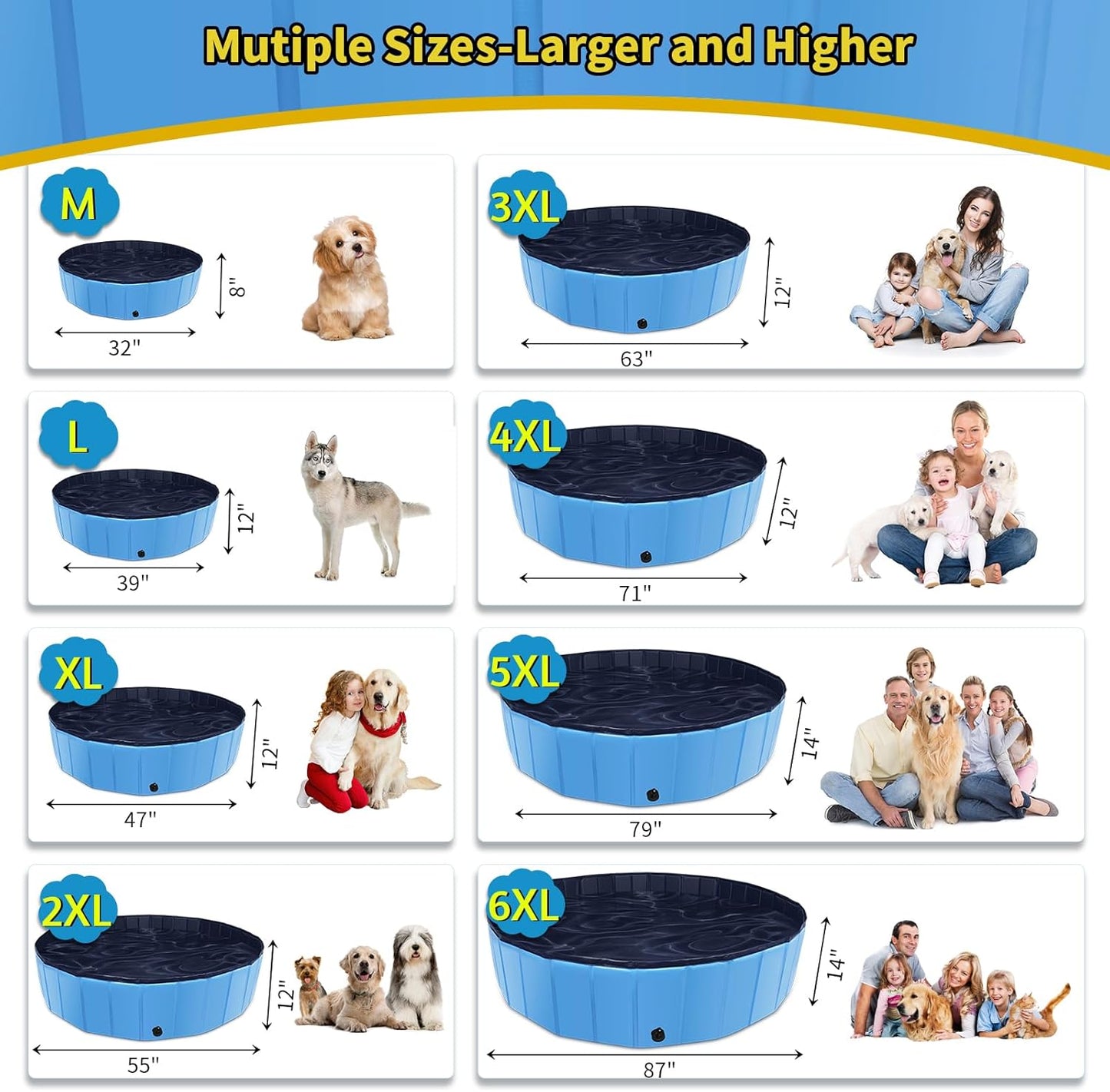 CACSPS Foldable Dog Pool, 63" x 12" Kiddie Pool with Hard Plastic, Non-Slip Dog Bath Tub for Outdoor Backyard, Collapsible Dog Swimming Pool for Kids Dogs Pets (Blue)