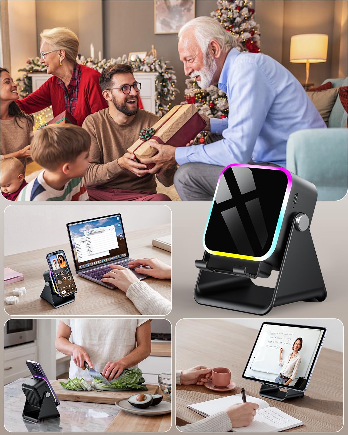 Induction Speaker 5-in-1 Bluetooth Audio for iPhone Android with Phone Stand, Adjustable Desktop Phone Holder with Charger & RGB Light, Cool Tech Gadgets Gifts for Men Women Teens
