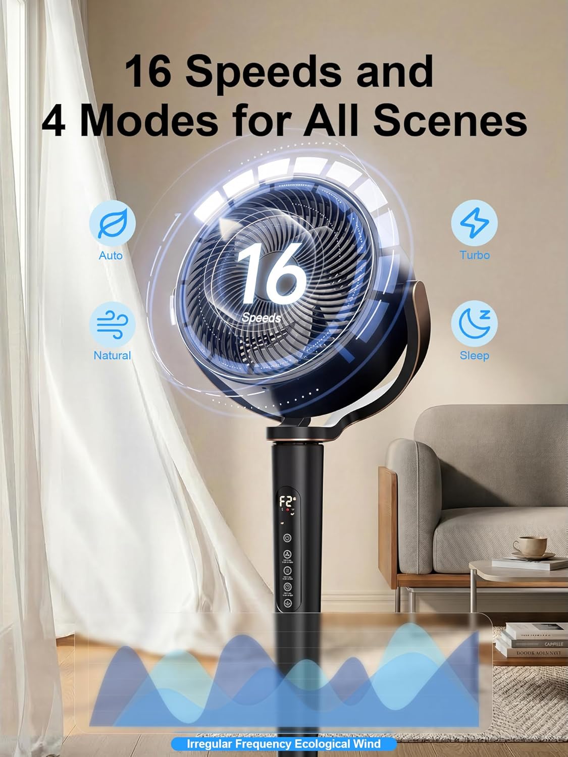 Uthfy 38-46” Fan for Bedroom, 120°+120°Omnidirectional Oscillating Standing Fan w/ 16 Speed, 4 Mode, DC Motor, Remote, Quiet Stand up Tall Pedestal Floor Fans for Room with 12 H Timer, Memory Function
