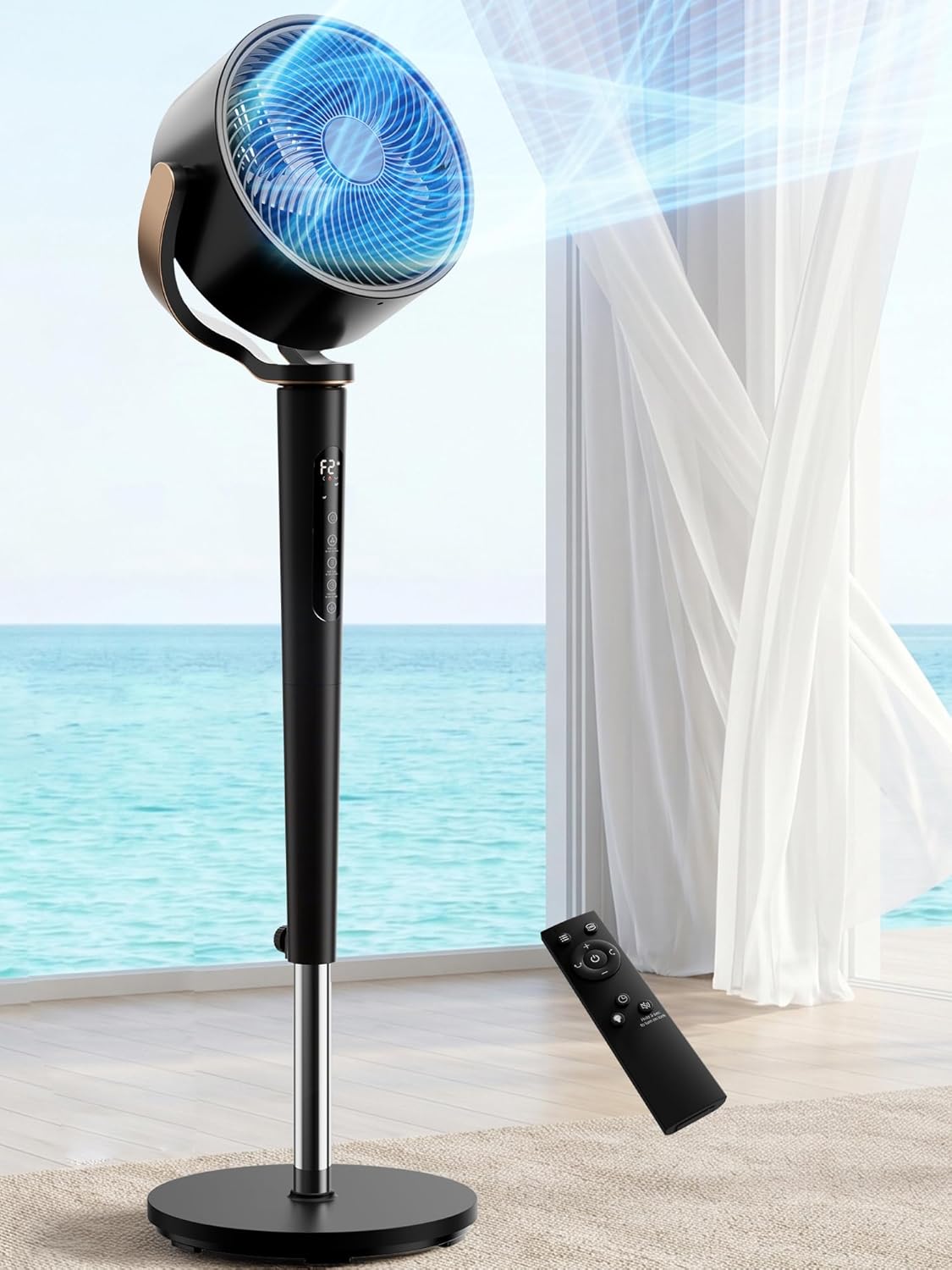 Uthfy 38-46” Fan for Bedroom, 120°+120°Omnidirectional Oscillating Standing Fan w/ 16 Speed, 4 Mode, DC Motor, Remote, Quiet Stand up Tall Pedestal Floor Fans for Room with 12 H Timer, Memory Function