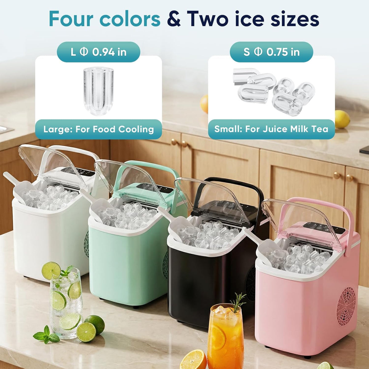 DUMOS Ice Maker Countertop, Ice Machine with Portable Handle, Basket and Scoop, 26lbs Daily, 9 Bullet Cubes in 6-8 Mins, Auto-Cleaning for Home, Kitchen, Office, Outdoors, RV Camping