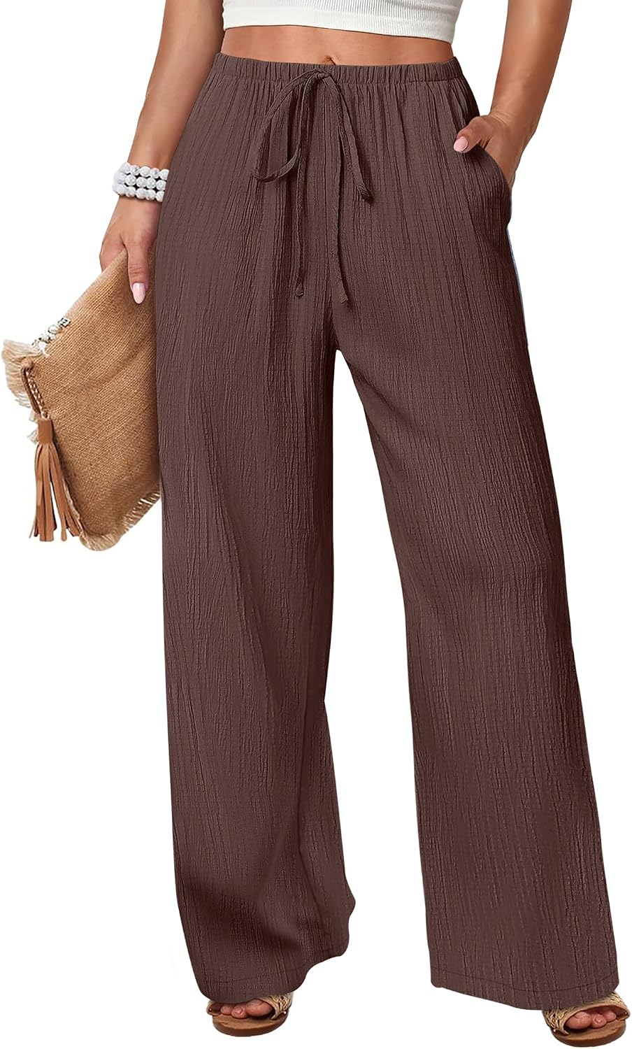 ANRABESS Women's Wide Leg Beach Pants Elastic Waist Lightweight Casual Flowy Palazzo Lounge Trousers with Pockets