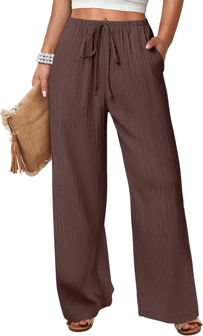 ANRABESS Women's Wide Leg Beach Pants Elastic Waist Lightweight Casual Flowy Palazzo Lounge Trousers with Pockets