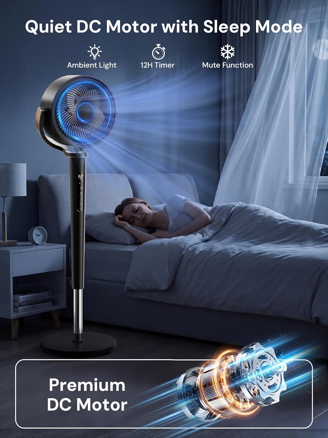 Uthfy 38-46” Fan for Bedroom, 120°+120°Omnidirectional Oscillating Standing Fan w/ 16 Speed, 4 Mode, DC Motor, Remote, Quiet Stand up Tall Pedestal Floor Fans for Room with 12 H Timer, Memory Function