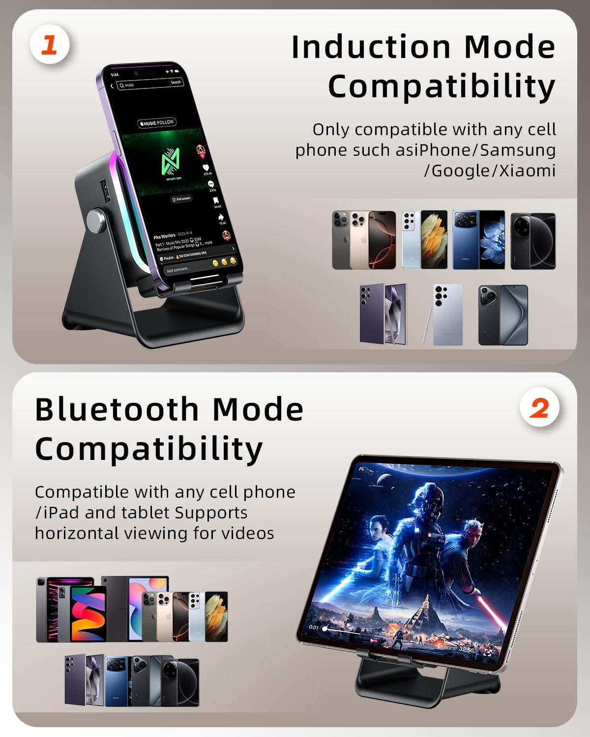 Induction Speaker 5-in-1 Bluetooth Audio for iPhone Android with Phone Stand, Adjustable Desktop Phone Holder with Charger & RGB Light, Cool Tech Gadgets Gifts for Men Women Teens