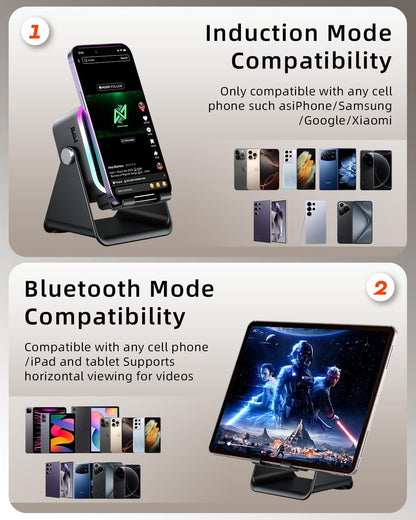 Induction Speaker 5-in-1 Bluetooth Audio for iPhone Android with Phone Stand, Adjustable Desktop Phone Holder with Charger & RGB Light, Cool Tech Gadgets Gifts for Men Women Teens