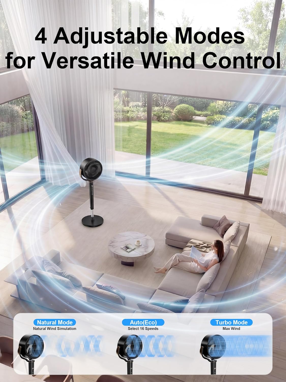 Uthfy 38-46” Fan for Bedroom, 120°+120°Omnidirectional Oscillating Standing Fan w/ 16 Speed, 4 Mode, DC Motor, Remote, Quiet Stand up Tall Pedestal Floor Fans for Room with 12 H Timer, Memory Function