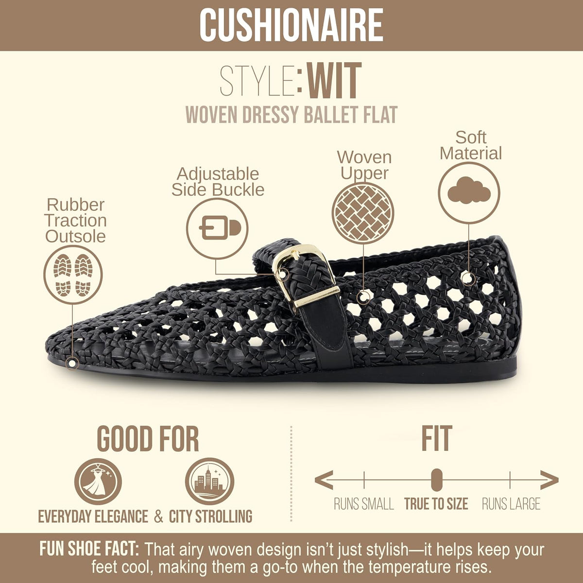 CUSHIONAIRE Wit Hand Woven Womens Flats, Comfortable Mary Jane Ballet Flat with Adjustable Buckle Braided Strap and Cushioned Memory Foam