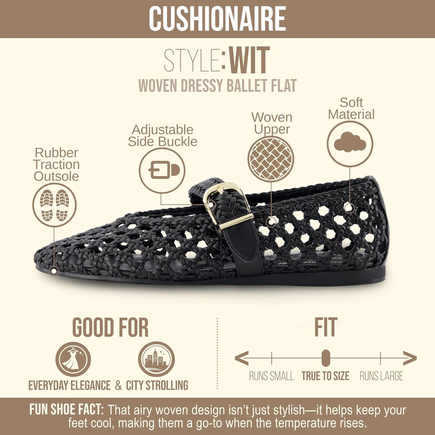 CUSHIONAIRE Wit Hand Woven Womens Flats, Comfortable Mary Jane Ballet Flat with Adjustable Buckle Braided Strap and Cushioned Memory Foam