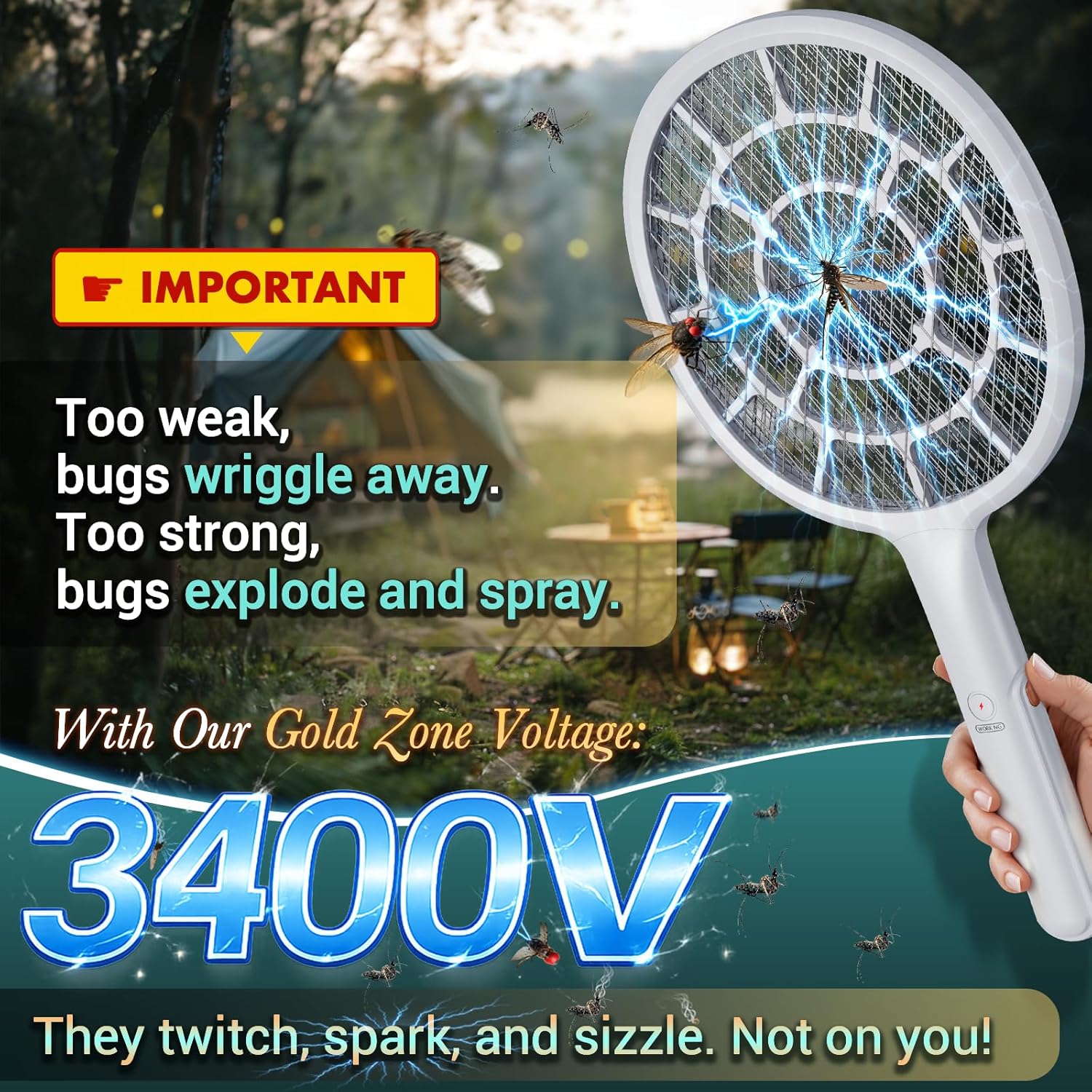 YsChois Electric Fly Swatter, Bug Zapper Companion, Mosquito Killer Racket | Gold Zone Voltage, Densest 3mm Mesh, Apple-Like Weight, AA Battery Operated (not incl) - Pro Swat Tips for Indoor & Outdoor