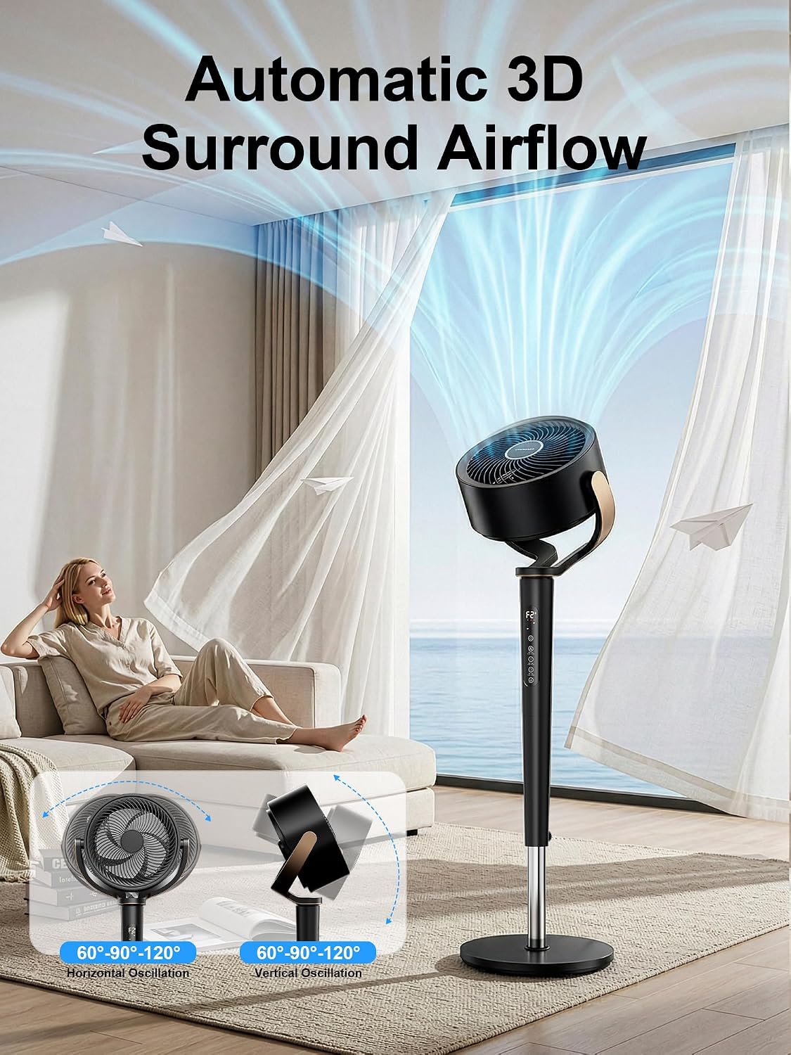 Uthfy 38-46” Fan for Bedroom, 120°+120°Omnidirectional Oscillating Standing Fan w/ 16 Speed, 4 Mode, DC Motor, Remote, Quiet Stand up Tall Pedestal Floor Fans for Room with 12 H Timer, Memory Function