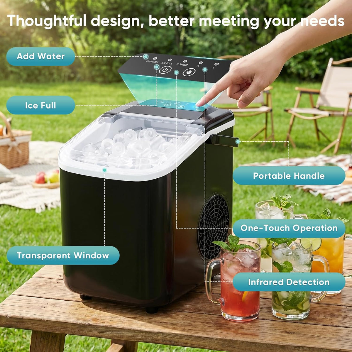 DUMOS Ice Maker Countertop, Ice Machine with Portable Handle, Basket and Scoop, 26lbs Daily, 9 Bullet Cubes in 6-8 Mins, Auto-Cleaning for Home, Kitchen, Office, Outdoors, RV Camping