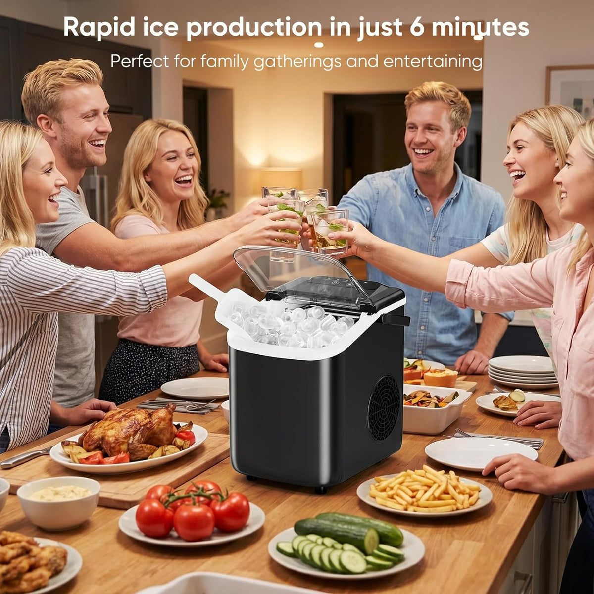 DUMOS Ice Maker Countertop, Ice Machine with Portable Handle, Basket and Scoop, 26lbs Daily, 9 Bullet Cubes in 6-8 Mins, Auto-Cleaning for Home, Kitchen, Office, Outdoors, RV Camping
