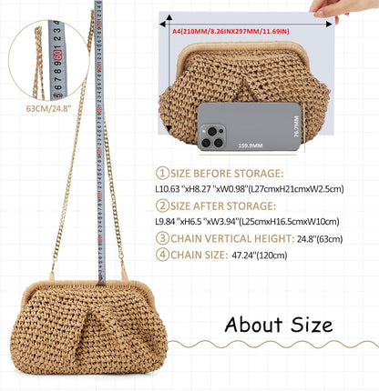 Emprier Straw Clutch Purses for Women Cloud Dumpling Pouch Straw Crossbody Shoulder Handbag Summer Beach Woven Bag