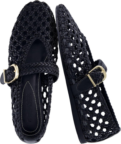 CUSHIONAIRE Wit Hand Woven Womens Flats, Comfortable Mary Jane Ballet Flat with Adjustable Buckle Braided Strap and Cushioned Memory Foam