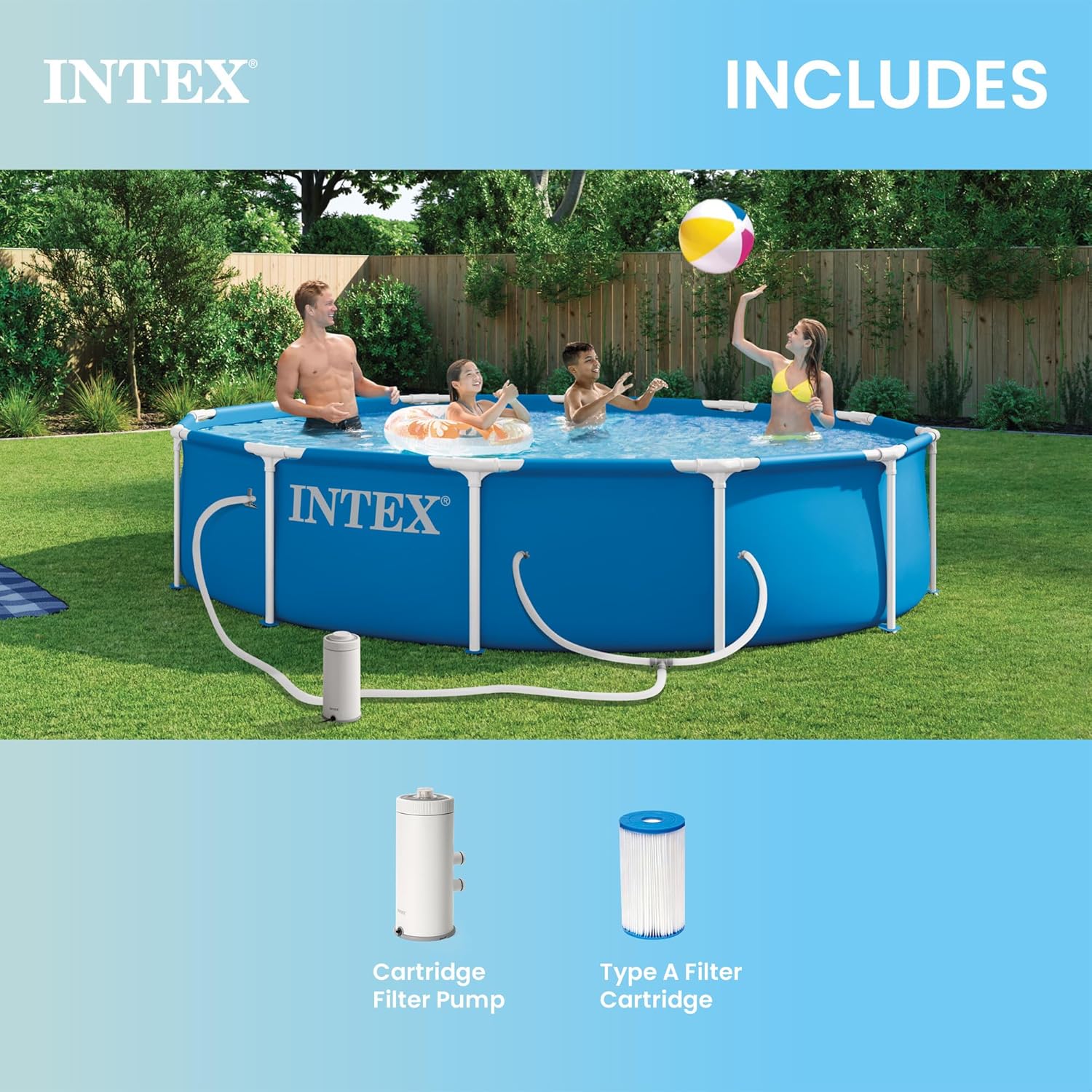 Intex Metal Frame 12 ft x 30 in Above Ground Pool Set, Round Swimming Pool with Steel Frame, 530 GPH Cartridge Filter Pump, and Type A Filter Cartridge