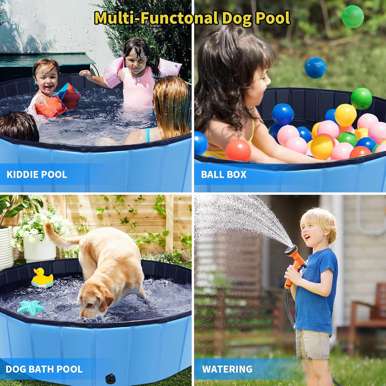 CACSPS Foldable Dog Pool, 63" x 12" Kiddie Pool with Hard Plastic, Non-Slip Dog Bath Tub for Outdoor Backyard, Collapsible Dog Swimming Pool for Kids Dogs Pets (Blue)