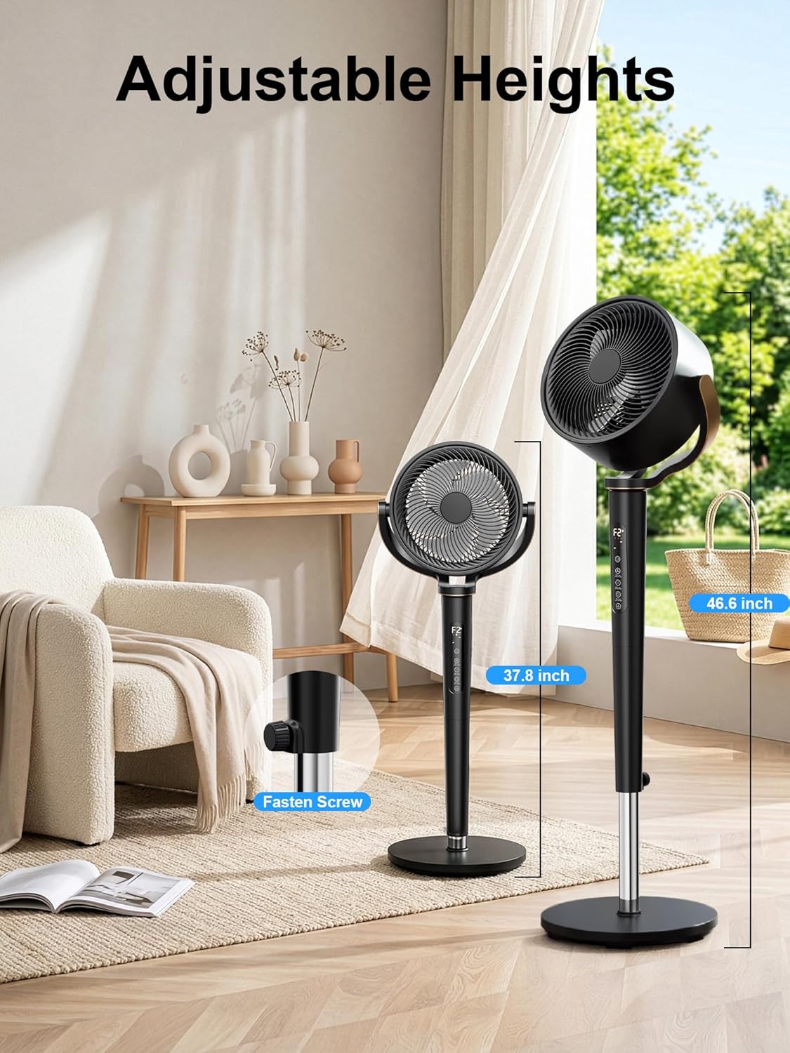 Uthfy 38-46” Fan for Bedroom, 120°+120°Omnidirectional Oscillating Standing Fan w/ 16 Speed, 4 Mode, DC Motor, Remote, Quiet Stand up Tall Pedestal Floor Fans for Room with 12 H Timer, Memory Function