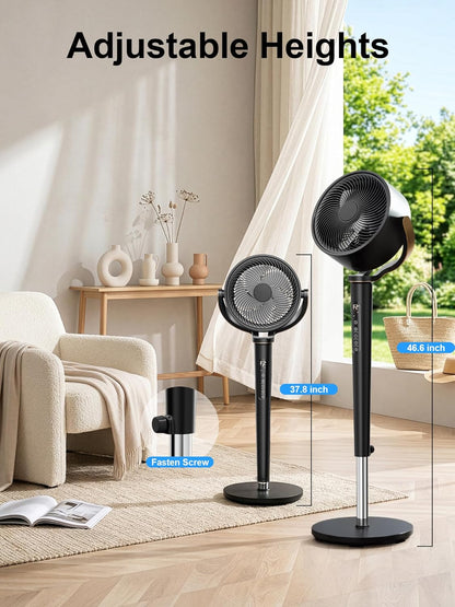 Uthfy 38-46” Fan for Bedroom, 120°+120°Omnidirectional Oscillating Standing Fan w/ 16 Speed, 4 Mode, DC Motor, Remote, Quiet Stand up Tall Pedestal Floor Fans for Room with 12 H Timer, Memory Function
