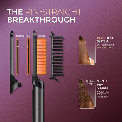 TYMO Flat Iron Hair Straightener Brush 2 in 1, 200M Ions Hair Straighteners for Women, Ceramic Straightening Hot Comb for Anti-Frizz Straights, Waves, Curl, 3X Less Heat Damage, Dual Voltage, Black