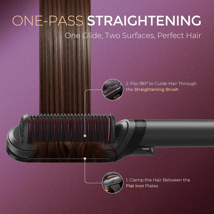 TYMO Flat Iron Hair Straightener Brush 2 in 1, 200M Ions Hair Straighteners for Women, Ceramic Straightening Hot Comb for Anti-Frizz Straights, Waves, Curl, 3X Less Heat Damage, Dual Voltage, Black