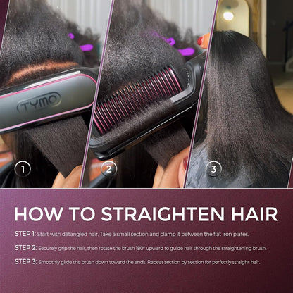 TYMO Flat Iron Hair Straightener Brush 2 in 1, 200M Ions Hair Straighteners for Women, Ceramic Straightening Hot Comb for Anti-Frizz Straights, Waves, Curl, 3X Less Heat Damage, Dual Voltage, Black
